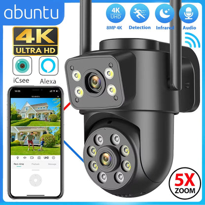 8MP 4K Wifi IP Camera Dual Lens Dual Screens Outdoor Surveillance Camera Black Human Detection Night Vision ICSEE Security CAM