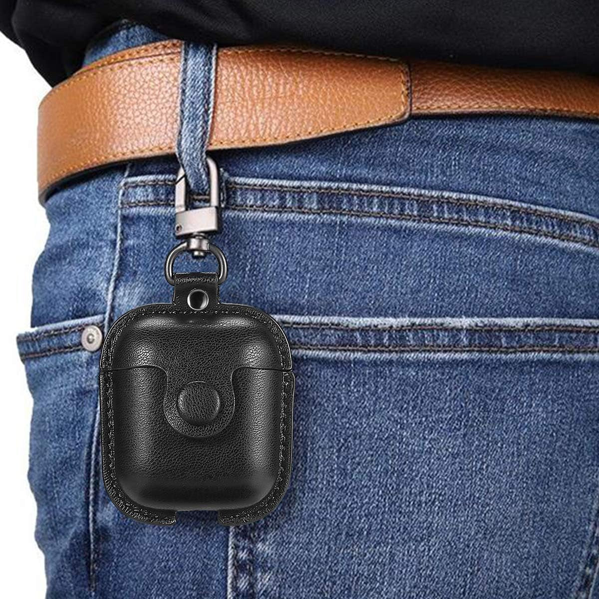 Compatible Airpods Case, Leather Airpods Cover 5 in 1 Protective Case with Keychain/Ear Hooks/Airpods Strap/Watch Band Holder/Earpods Case Compatible with Apple Airpods 2&1 Charging Case, Black