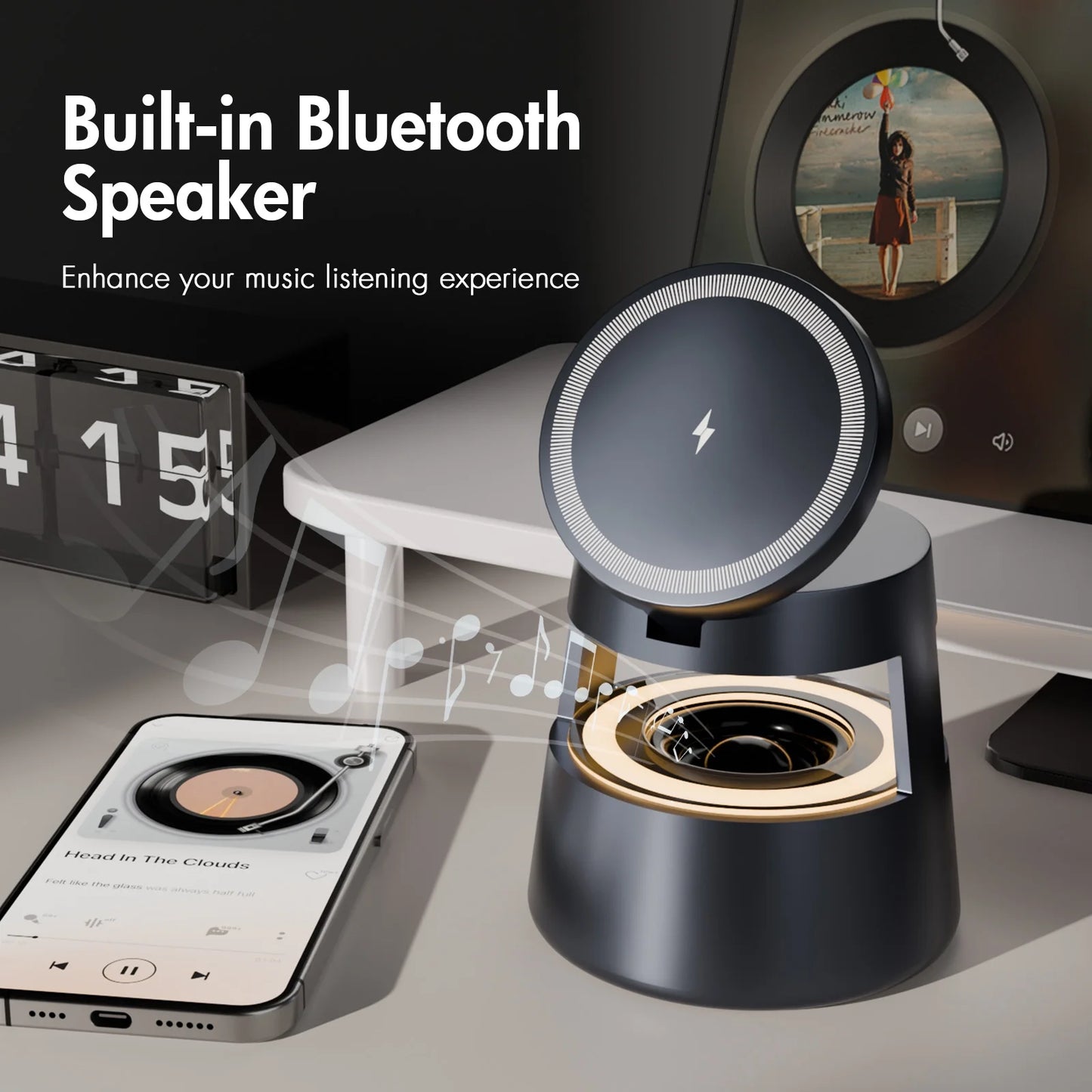 5 in 1 Wireless Charging Station, 15W Fast Charging Wireless Charger for Iphone Airpods Iwatch with Magsafe,Bluetooth Speakers,Mushroom Light Compatible with Iphone 8 and above Series