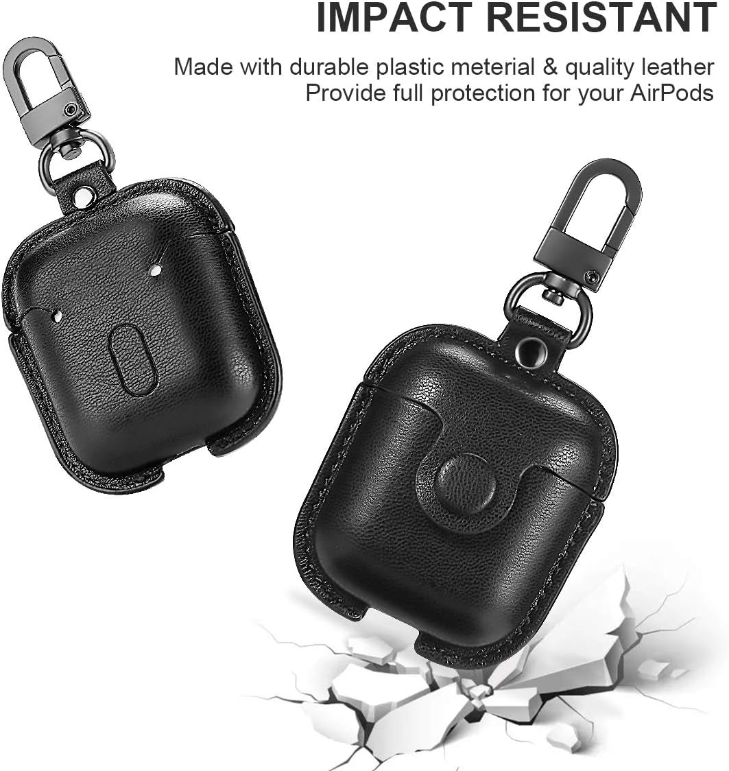 Compatible Airpods Case, Leather Airpods Cover 5 in 1 Protective Case with Keychain/Ear Hooks/Airpods Strap/Watch Band Holder/Earpods Case Compatible with Apple Airpods 2&1 Charging Case, Black