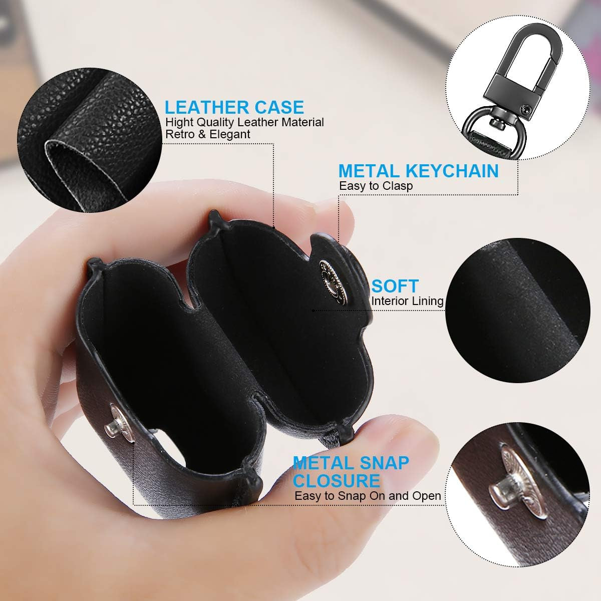 Compatible Airpods Case, Leather Airpods Cover 5 in 1 Protective Case with Keychain/Ear Hooks/Airpods Strap/Watch Band Holder/Earpods Case Compatible with Apple Airpods 2&1 Charging Case, Black